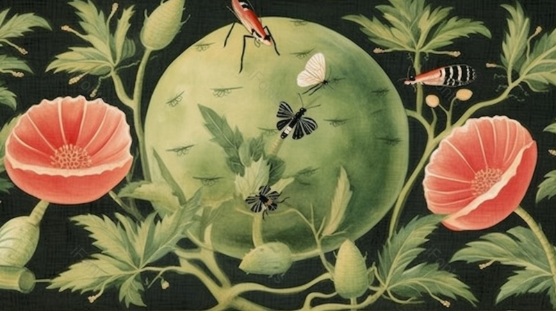 夏天夏至瓜藤清凉水果西瓜切开花朵绽放自然昆虫植物插画,插画/手绘图,插画/手绘图库,插画/手绘图下载,插画/手绘